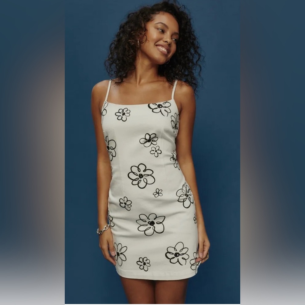 Reformation Delphina White Mini Dress with Black Floral Design